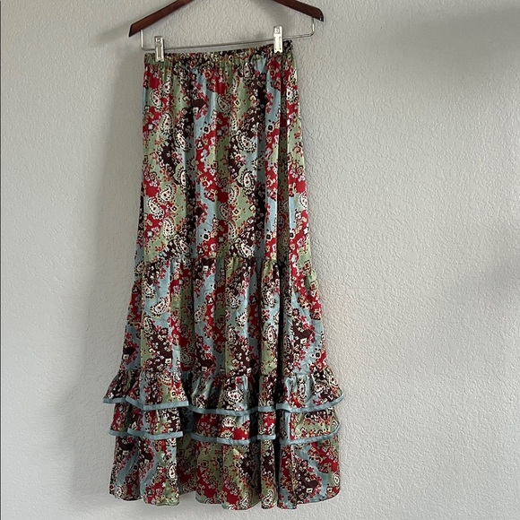 Double D Ranch Silk Maxi Skirt Tiered Ruffles Floral Paisley Prairie. Size XS - Picture 1 of 7